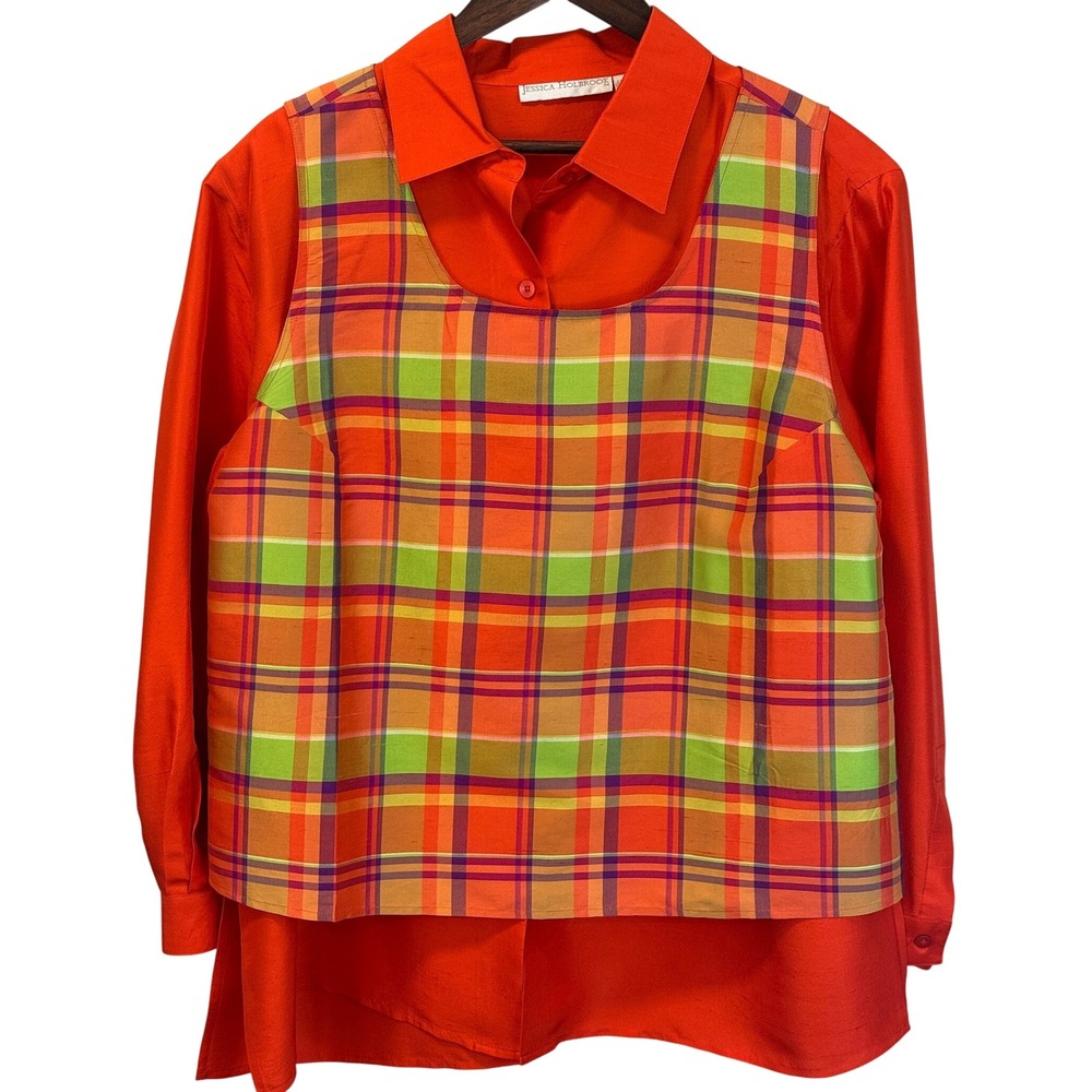 Vintage Jessica Holbrook Orange Plaid Silk Vest & Button Up Set Size 1X‎